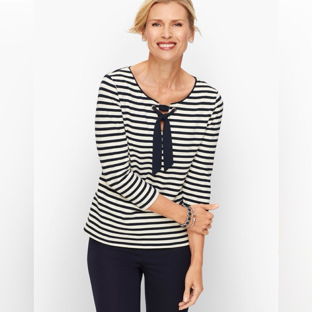 Talbots Shirt Striped Tie Neck Tee Sz Med Black/White 3/4 Sleeve Nautical